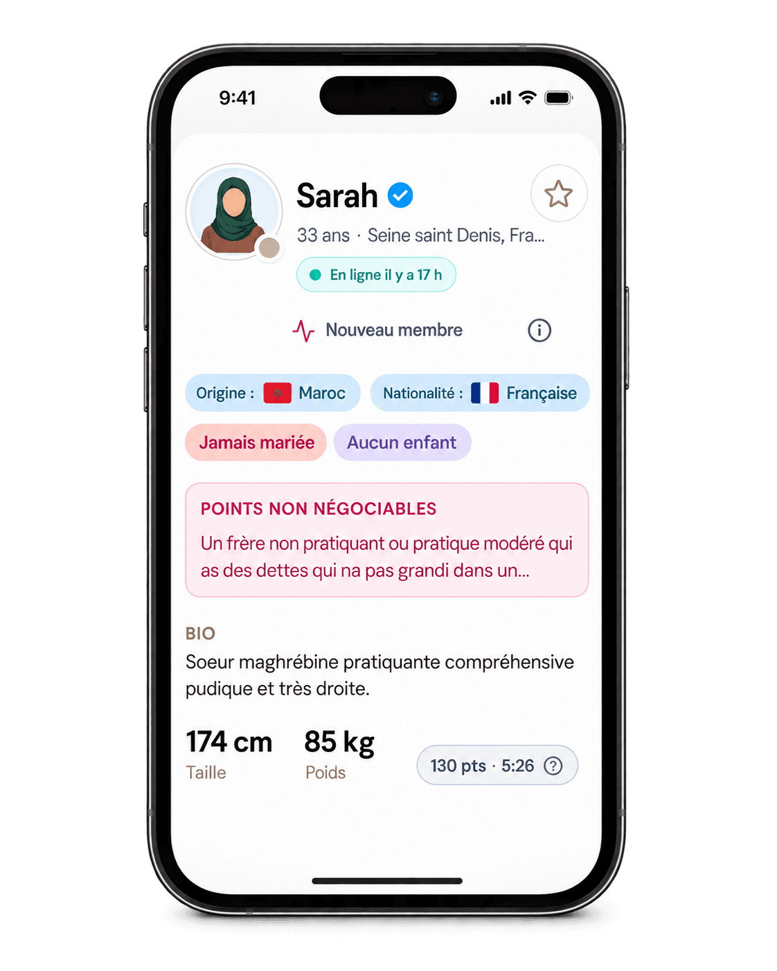 Mockup Qabala sur iPhone montrant un profil membre
